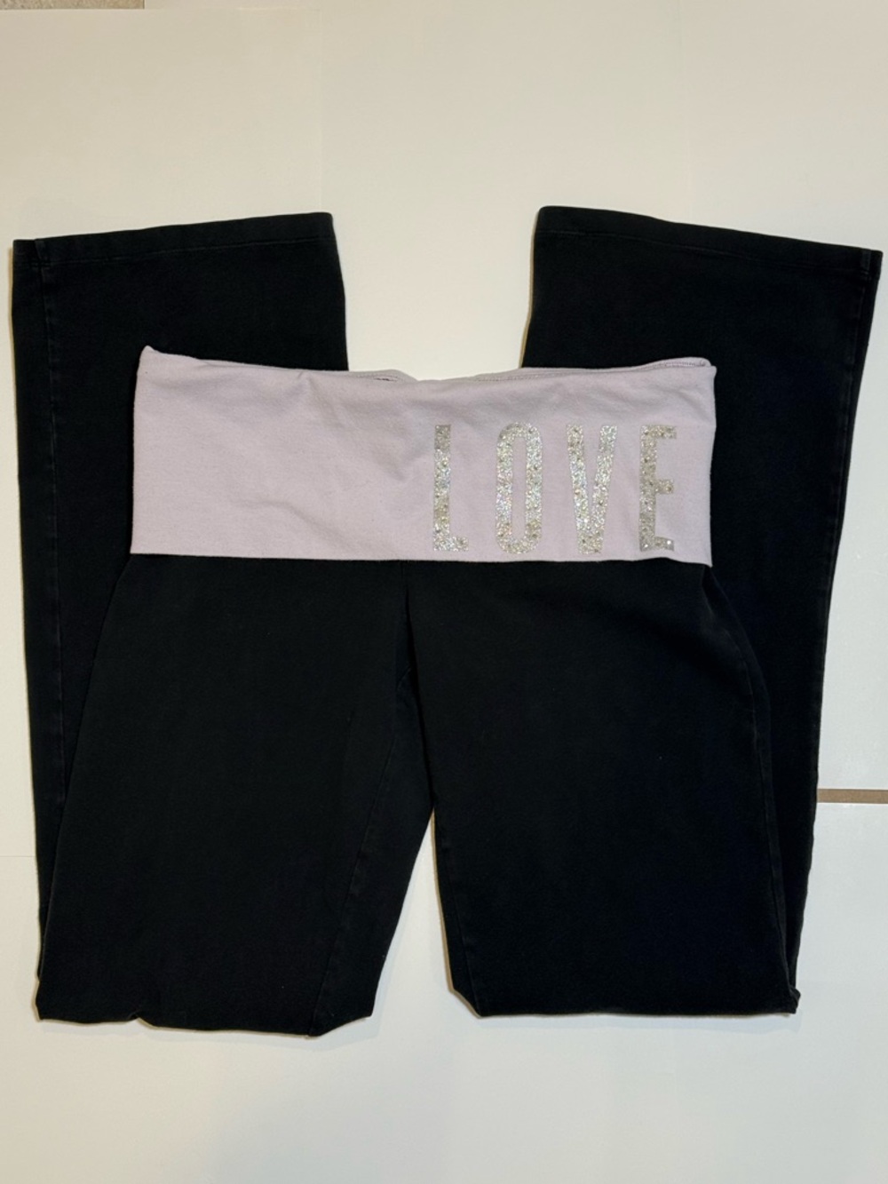 Rare Y2K Victoria's Secret PINK Foldover Flare Yoga Pants Rhinestone Logo